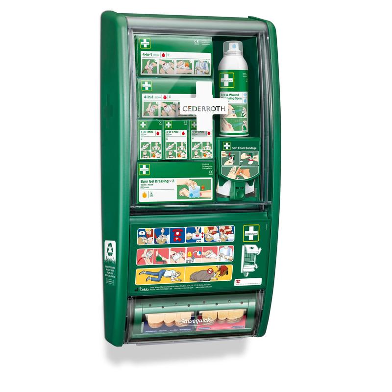 Die Cederroth erste-hilfe-station von Orkla Wound Care AB ist ein an der Wand montierter Erste-Hilfe-Kasten (1 Packung) mit Pflastern, Verbänden, Verbrennungsgel, einer Sprühdose und einer bebilderten Notfallanleitung.