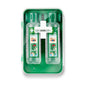 The Cederroth Eye Wash Cabinet 1x1 by Orkla Wound Care AB is a green wall cabinet containing two transparent eye wash bottles with green caps, an instruction manual, and a white lid with a cross-shaped first aid kit for eye washes.