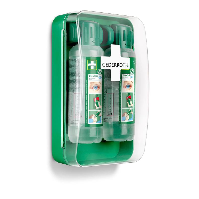 The Cederroth Eye Wash Cabinet 1x1 by Orkla Wound Care AB contains two transparent eye wash bottles with green caps and a pictorial instruction manual protected by a transparent cover - an essential emergency eye wash kit.