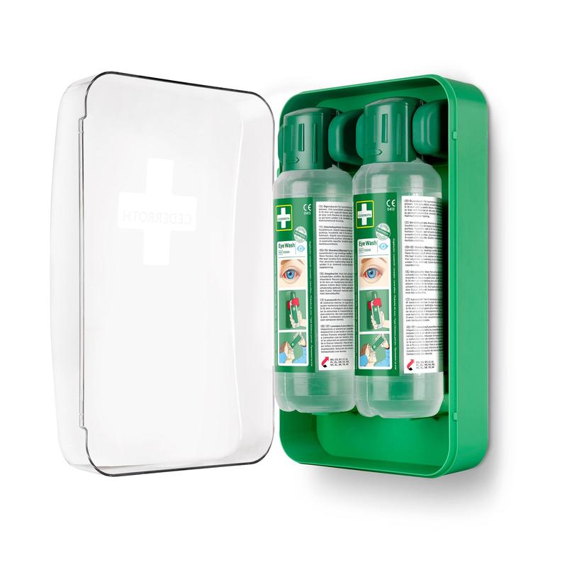 The green Cederroth Eye Wash Cabinet 1x1 by Orkla Wound Care AB is wall-mounted with a transparent cover and contains two eye wash bottles with illustrated instructions - ideal for your first aid kit.
