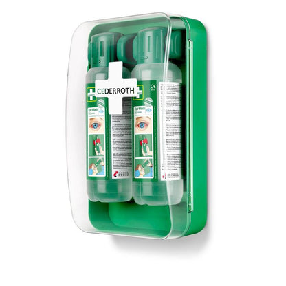The Cederroth Eye Wash Cabinet 1x1 by Orkla Wound Care AB is a green, wall-mounted emergency eye wash station with a transparent cover holding two clearly labeled bottles, featuring instructions and safety symbols on the front.