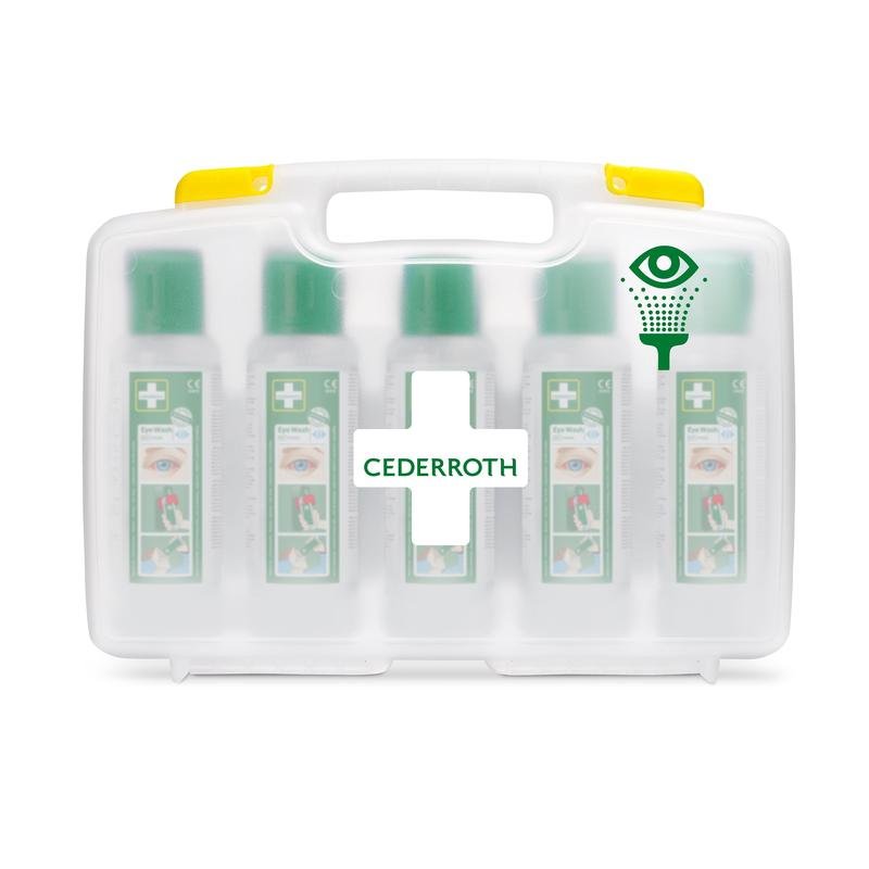 The Cederroth Eye Wash (5x500ml) in a portable case from Orkla Wound Care AB offers five bottles in a transparent case with a yellow handle - perfectly labeled and ideal for eye washing at the workplace. REF 7255 replace | Pack (1 piece).
