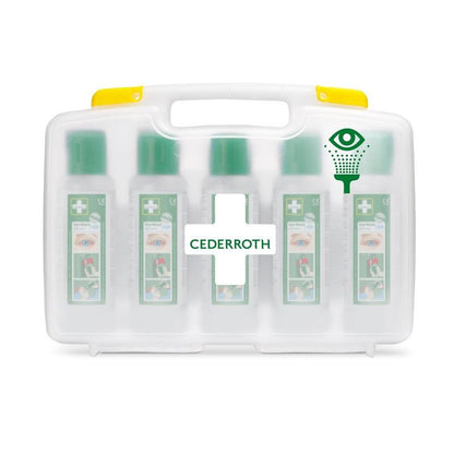The Cederroth Eye Wash (5x500ml) in a portable case from Orkla Wound Care AB offers five bottles in a transparent case with a yellow handle - perfectly labeled and ideal for eye washing at the workplace. REF 7255 replace | Pack (1 piece).