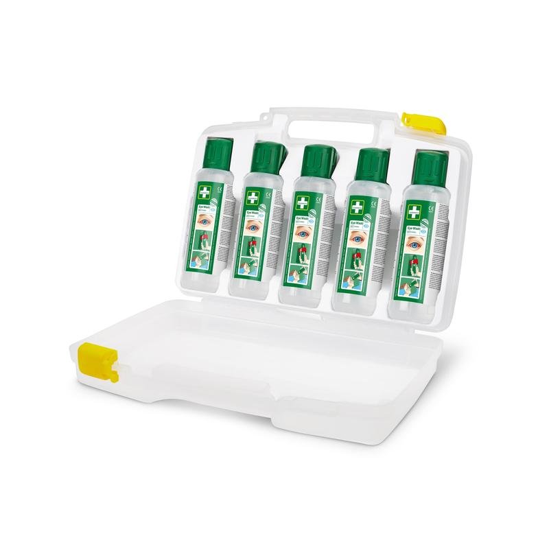 The Orkla Wound Care AB Cederroth Eye Wash (5x500ml) in a portable case (REF 7255 replace) is delivered in a white plastic case with five transparent bottles, each equipped with a green cap and an eye care label - ideal for any work environment.