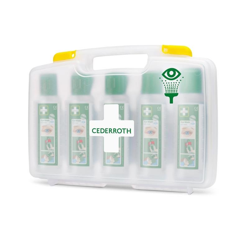 The Orkla Wound Care AB Cederroth Eye Wash (5x500ml) in a portable case, REF 7255, consists of a white plastic case with a handle, transparent front, green cross, and eye wash symbol, containing five bottles.
