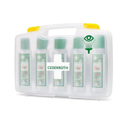 The Orkla Wound Care AB Cederroth Eye Wash (5x500ml) in a portable case, REF 7255, consists of a white plastic case with a handle, transparent front, green cross, and eye wash symbol, containing five bottles.