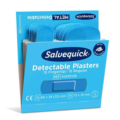 Pictured is a blue box of Orkla Wound Care AB fingertip/normal blue detectable, 30 pieces/mine plasters (6-pack) with 15 fingertip and 15 normal metal detectable plasters; details and dimensions are indicated on the packaging.