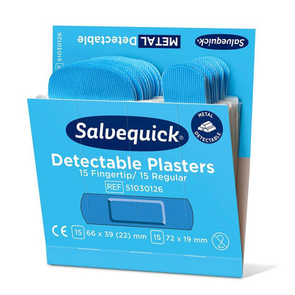 A blue box from Orkla Wound Care AB with the label "metal detectable", containing 15 fingertip and 15 normal plasters (a total of 30), with the note "fingertip/normal blue detectable, 30 pieces/mine | pack (6 pieces)". The product dimensions are indicated on the packaging.