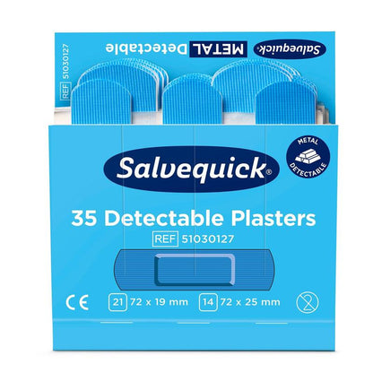 An opened blue box from Orkla Wound Care AB Blue detectable plasters, 35 pieces/package (6 pieces), shows blue plasters. The packaging includes size specifications, a metal detectable label for the food industry, and the Ref. 51030127.