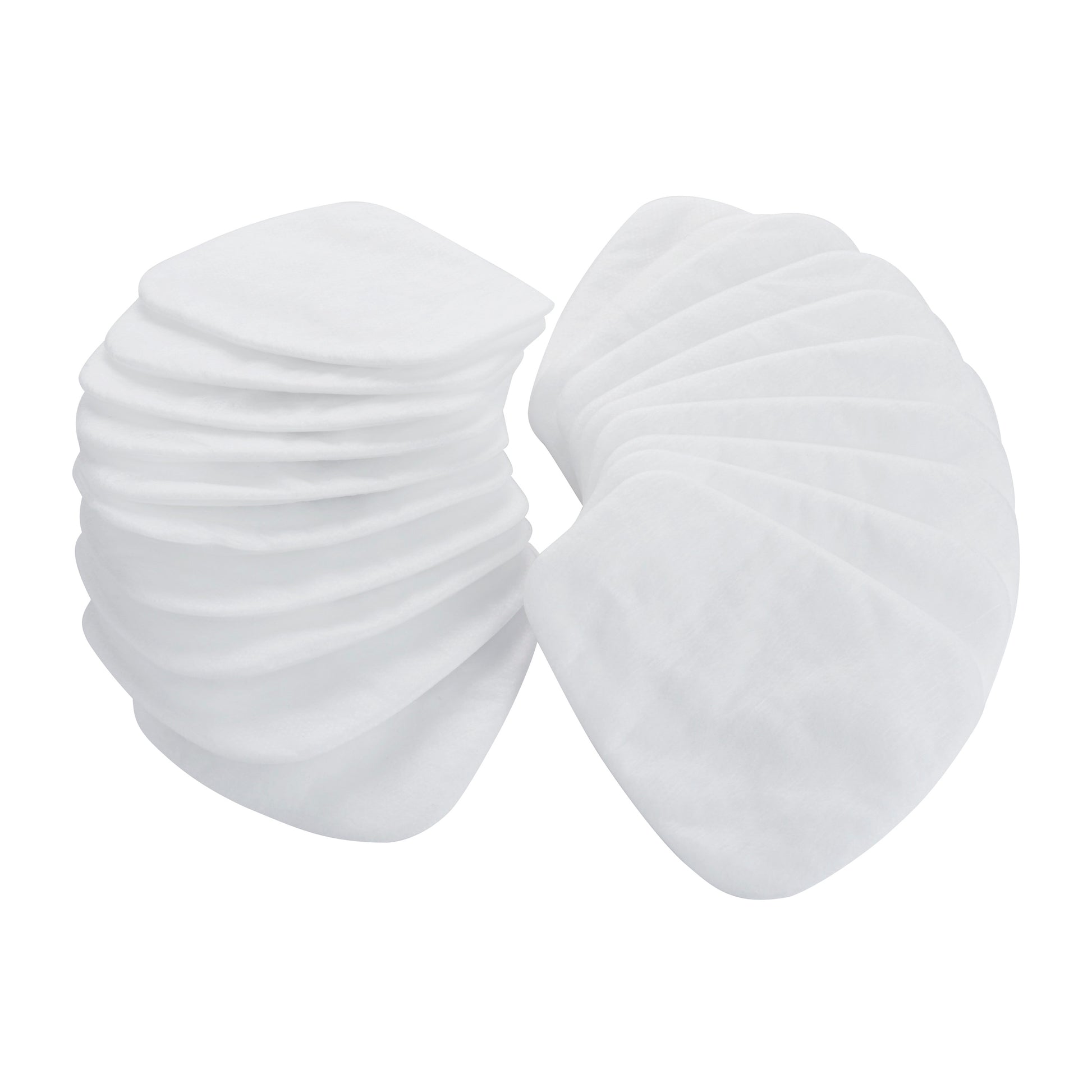 Ein Stapel weißer, ovaler Pads, die dem 3M™ Partikelfilter 5925, P2 (10 Paar/Packung) der 3M Deutschland GmbH ähneln, ist in einem Halbkreis auf einem einfarbig weißen Hintergrund angeordnet.