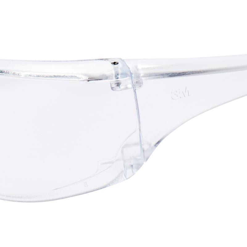 Close-up of the 3M™ Virtua™ Safety Glasses AP from 3M Deutschland GmbH with a transparent clear lens and subtle logo on the temple, providing reliable eye protection.