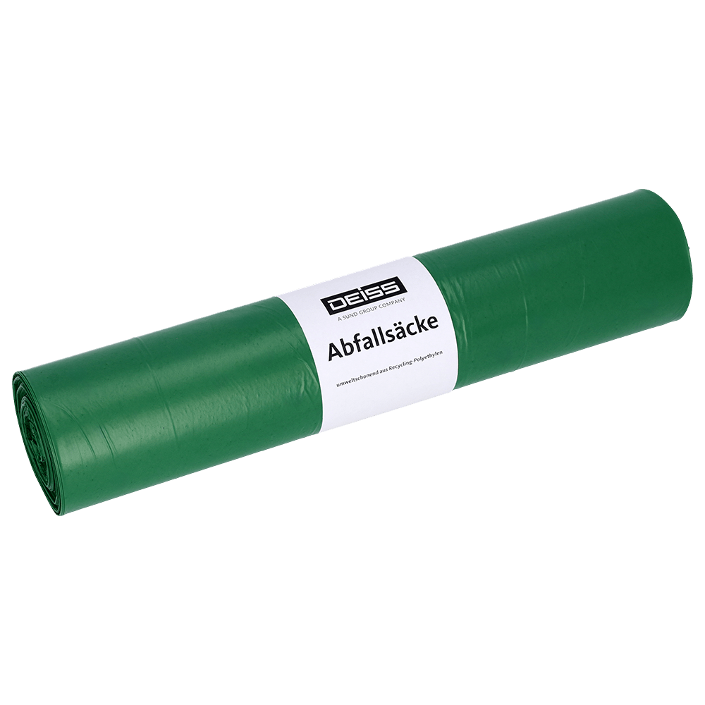 A roll of DEISS 52001 garbage bags (700x1100 mm, type 20, green, 50 pieces) from EMIL DEISS KG (GmbH + Co.) lies on a plain white background with a white label showing the brand and product details.