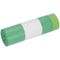 Pictured is a roll of DEISS 52801 green garbage bags (20 pieces) from EMIL DEISS KG (GmbH + Co.) with a white blank label in the middle on a white background.