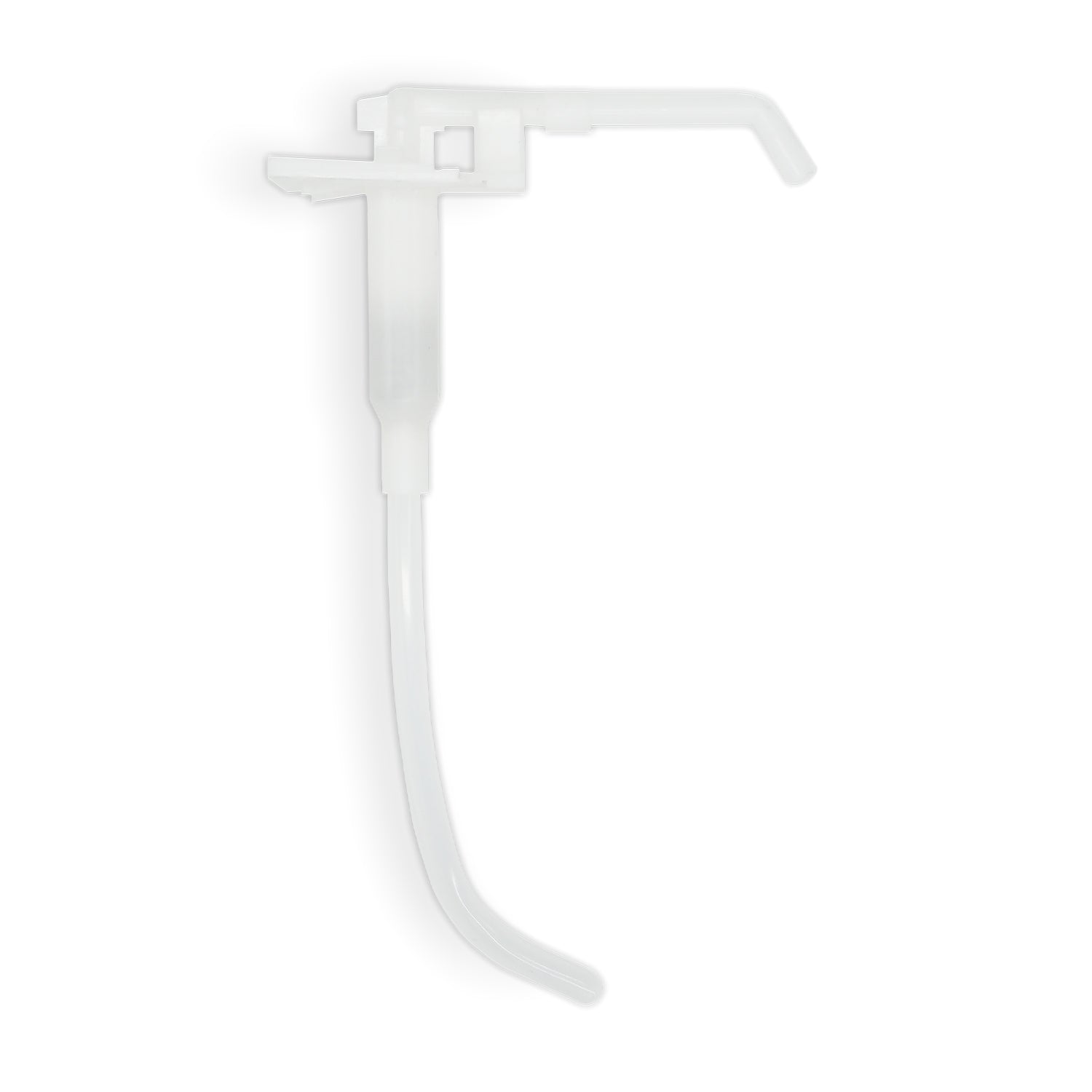 Die ARNOMED DISPENSER DOSIERPUMPE Ersatzpumpe der ARNOWA GmbH ist eine transparent-weiße Ersatzpumpe für Seifen- und Desinfektionsmittelspender mit langem, gebogenem Rohr und abgewinkeltem Auslauf, abgebildet auf einem schlichten weißen Hintergrund.