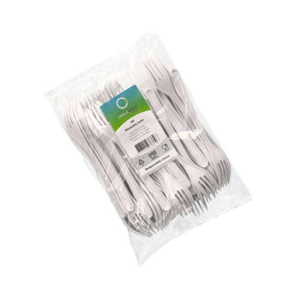 In a transparent plastic bag are several neatly stacked white disposable forks. The packaging has a label with product details and the Circulware by Haval logo. These Circulware by Haval forks are made from recyclable polypropylene and offer convenience without compromising on environmental responsibility.