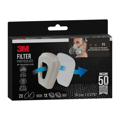A package of 3M™ Particulate Filter 5935, P3 (2 pairs) plus filter holder 501 (1 pair) from 3M Deutschland GmbH, with two white filters, product details, and a person wearing a mask with attached filters and holder.