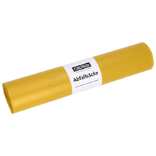Abgebildet ist eine Rolle gelber DEISS Müllsäcke Typ 20 (575x1000 mm, 70 l, HDPE) der EMIL DEISS KG (GmbH + Co.) auf einfarbig weißem Hintergrund, wobei das weiße Etikett sichtbar ist.