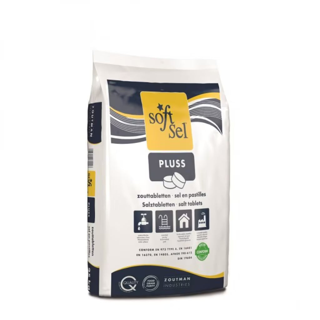 A white-yellow 25 kg bag labeled "Salt Tablets" for water softening features multilingual text, industrial application symbols, and the brand "Diversey Deutschland GmbH & Co. OHG" at the bottom.