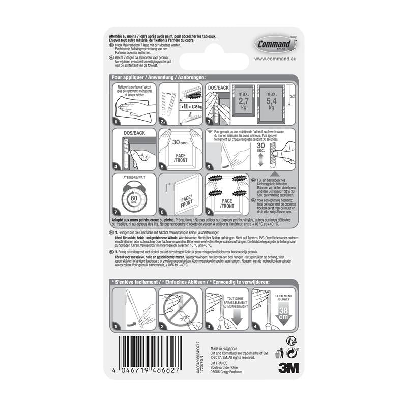 Back of a 3M Deutschland GmbH Narrow Command™ Picture Hanging Strips (M) 17207 package with illustrated usage/removal instructions, specifications, safety information, multilingual text, and a note that the strips are residue-free removable.