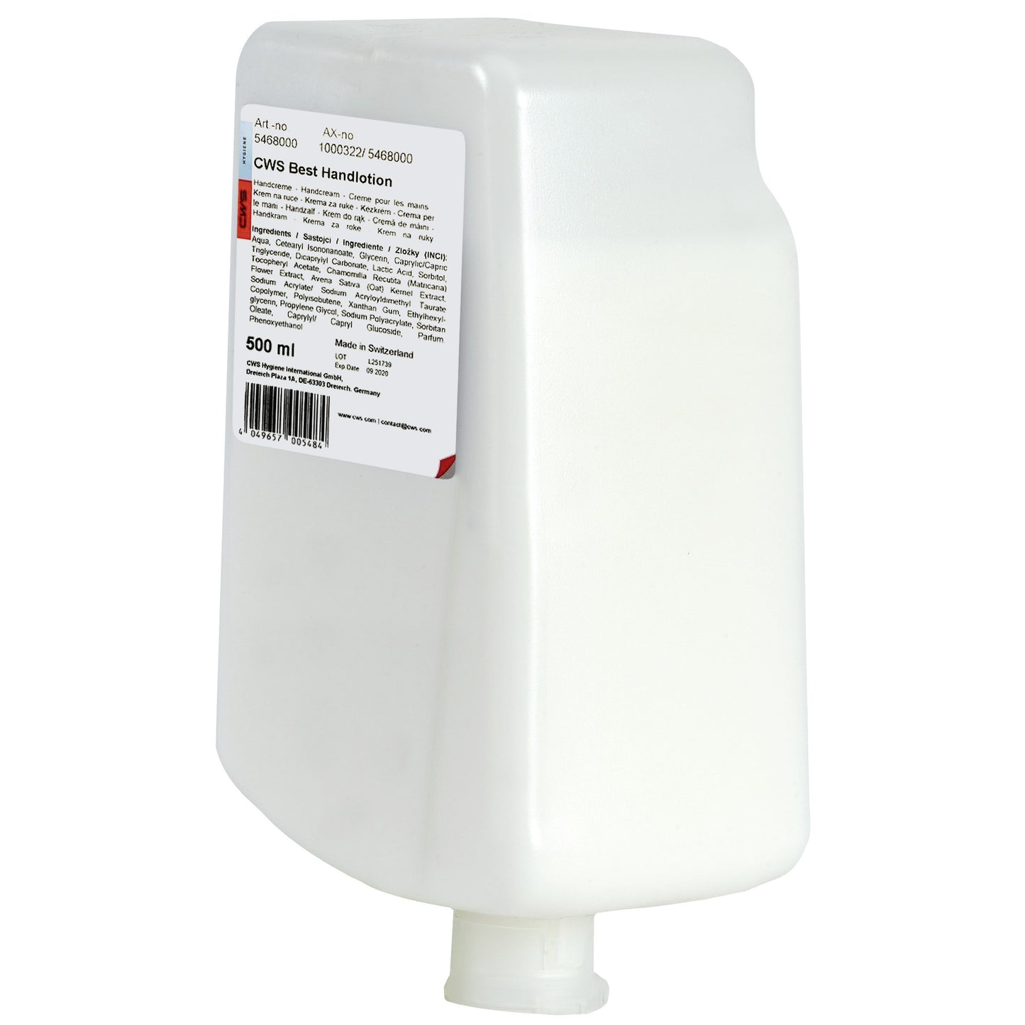 White, rectangular 500 ml bottle of CWS hand lotion with product information, barcode, and a small bottom nozzle for daily and high-quality hand care. With the inscription "CWS Handlotion, Best Handlotion 500 ml | Bottle (500 ml)".