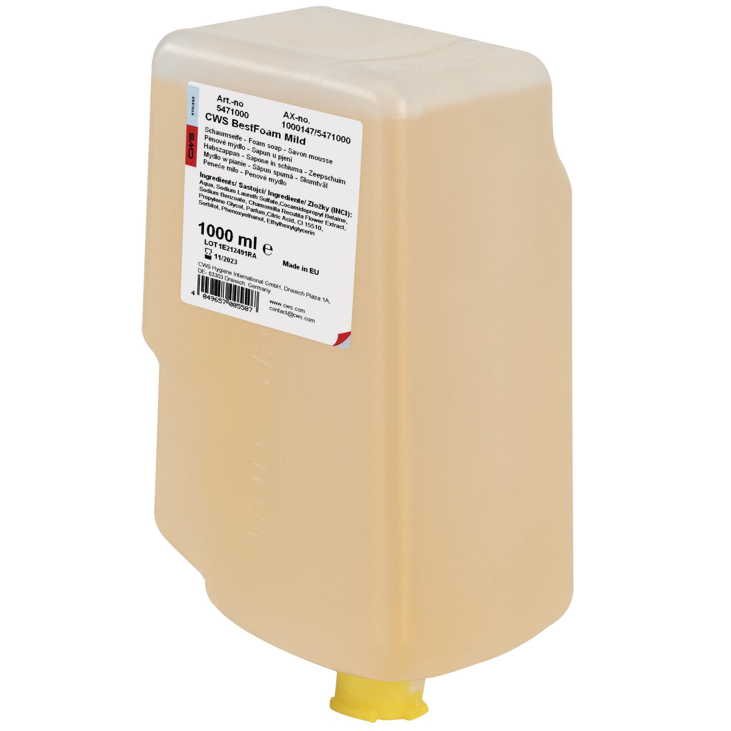 A rectangular plastic container with 1000 ml CWS soap foam BestFoam Mild from CWS, filled with yellow soap for daily hand hygiene, is equipped with a white info label and a yellow dispensing spout at the bottom.