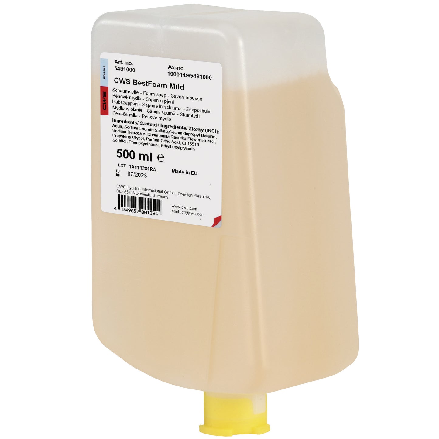 Rectangular plastic dispenser with 500 ml CWS soap foam BestFoam Mild, ideal for sensitive skin, with bottom outlet and white, multilingual label. Ideal for daily hand hygiene. Brand: CWS.