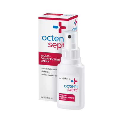 A white 50ml spray bottle labeled “Schülke octenisept® Wound Disinfection Spray” from Schülke & Mayr GmbH stands in front of its predominantly white box with blue and red accents, offering proven wound disinfection and infection protection.