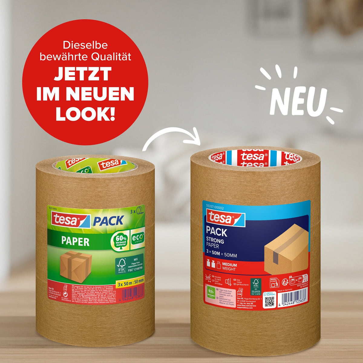 tesapack STRONG PAPER, 50 m x 50 mm, chamois, im Tower – Produktmerkmale