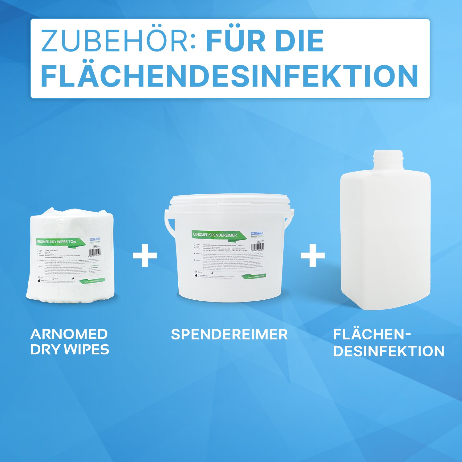 Auf blauem Hintergrund sind drei Produkte der ARNOWA GmbH abgebildet: ARNOMED DRY WIPES Trockene Vliestuchrollen, ein weißer Spendereimer und eine weiße Flächendesinfektionsmittelflasche, mit deutschem Text über Flächendesinfektionszubehör.