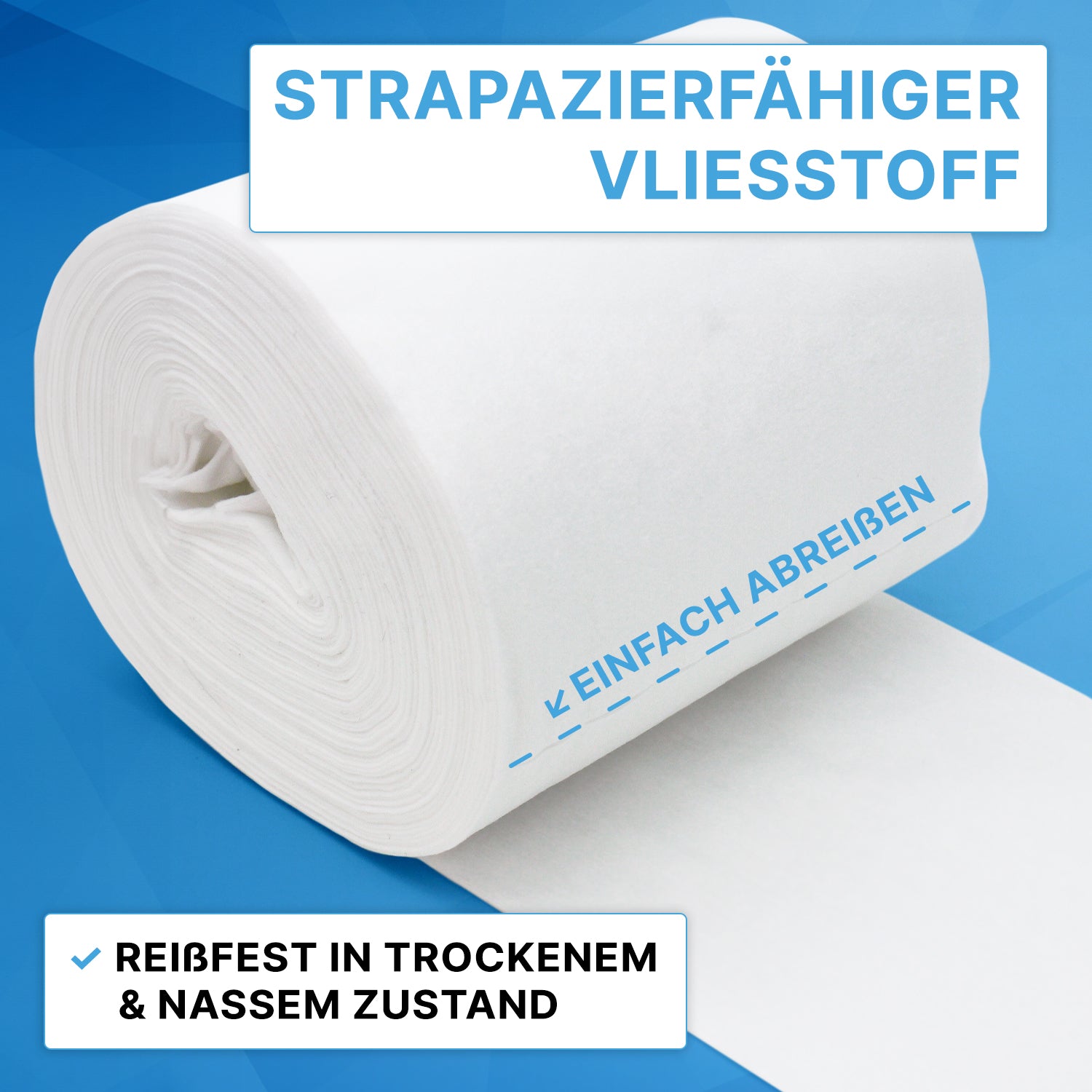 Eine große Rolle ARNOMED DRY WIPES der ARNOWA GmbH auf blauem Hintergrund. Deutscher Text: "Strapazierfähiger Vliesstoff", "Einfach abreißen", "Reißfest in trockenem & nassem Zustand". Ideal zur Flächendesinfektion.