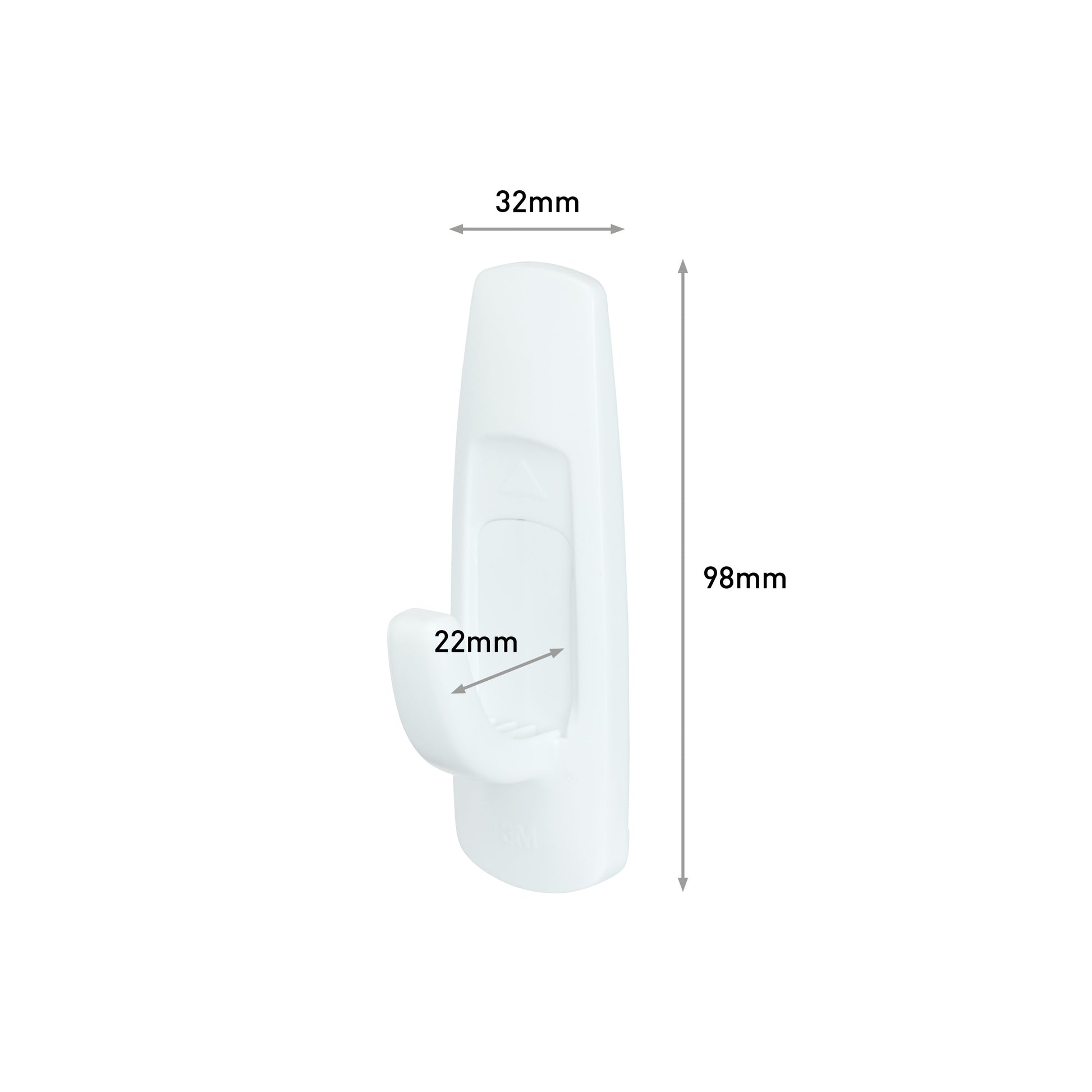 Der Command™ Large Universal-Haken, 17003-FGN von 3M Deutschland GmbH (98mm hoch, 32mm breit, 22mm tief) wird beschädigungsfrei und ohne Bohren an einer weißen Wand präsentiert.