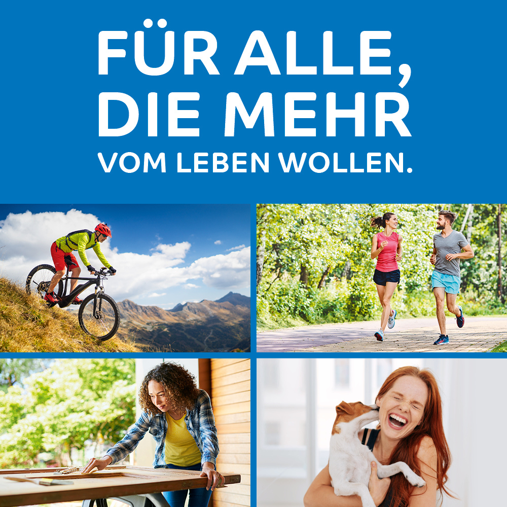 Under the German text “For everyone who wants more from life.” there are four pictures – cycling, jogging, writing, and laughing with a dog – perfectly reflecting the moments protected by the octenisept® wound disinfection spray 50 ml from Schülke & Mayr GmbH.