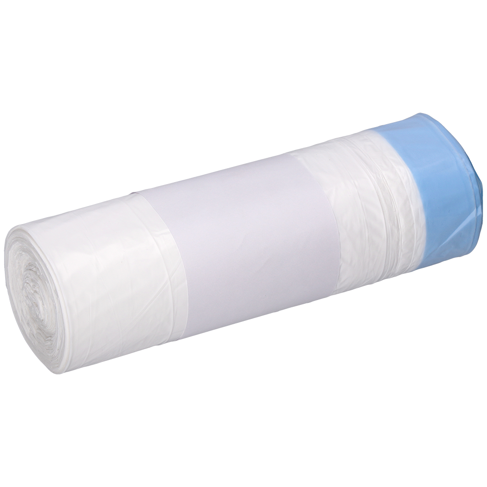 A roll of white DEISS 56004 garbage bags (25 pieces, 500x600+50x0.015 mm) from EMIL DEISS KG (GmbH + Co.), with a blue bag at the end, is wrapped in a plain white label and placed on a light background.