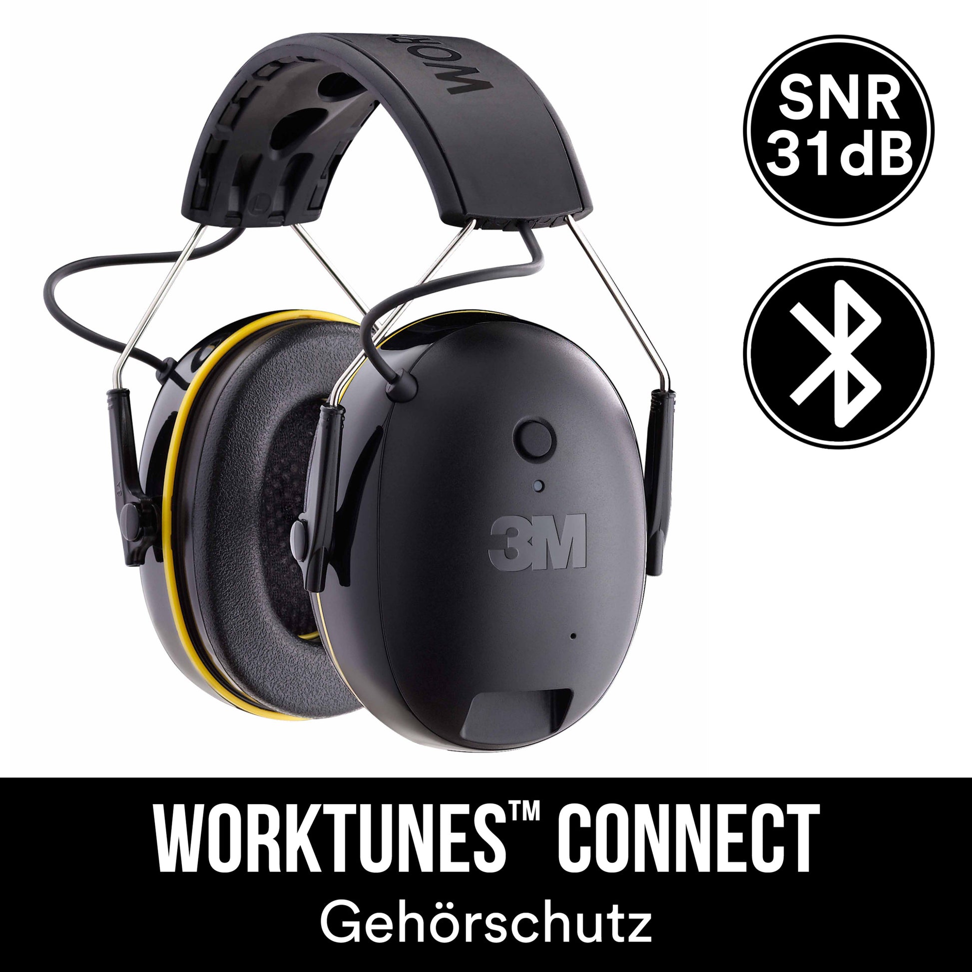 Der schwarze 3M™ WorkTunes™ Connect Kapselgehörschutz 90543E von 3M Deutschland GmbH bietet Bluetooth® und SNR-Wert 31 dB. Auf der Unterseite ist "WORKTUNES CONNECT Gehörschutz" abgebildet, wobei Bluetooth- und SNR-Symbole angezeigt werden.