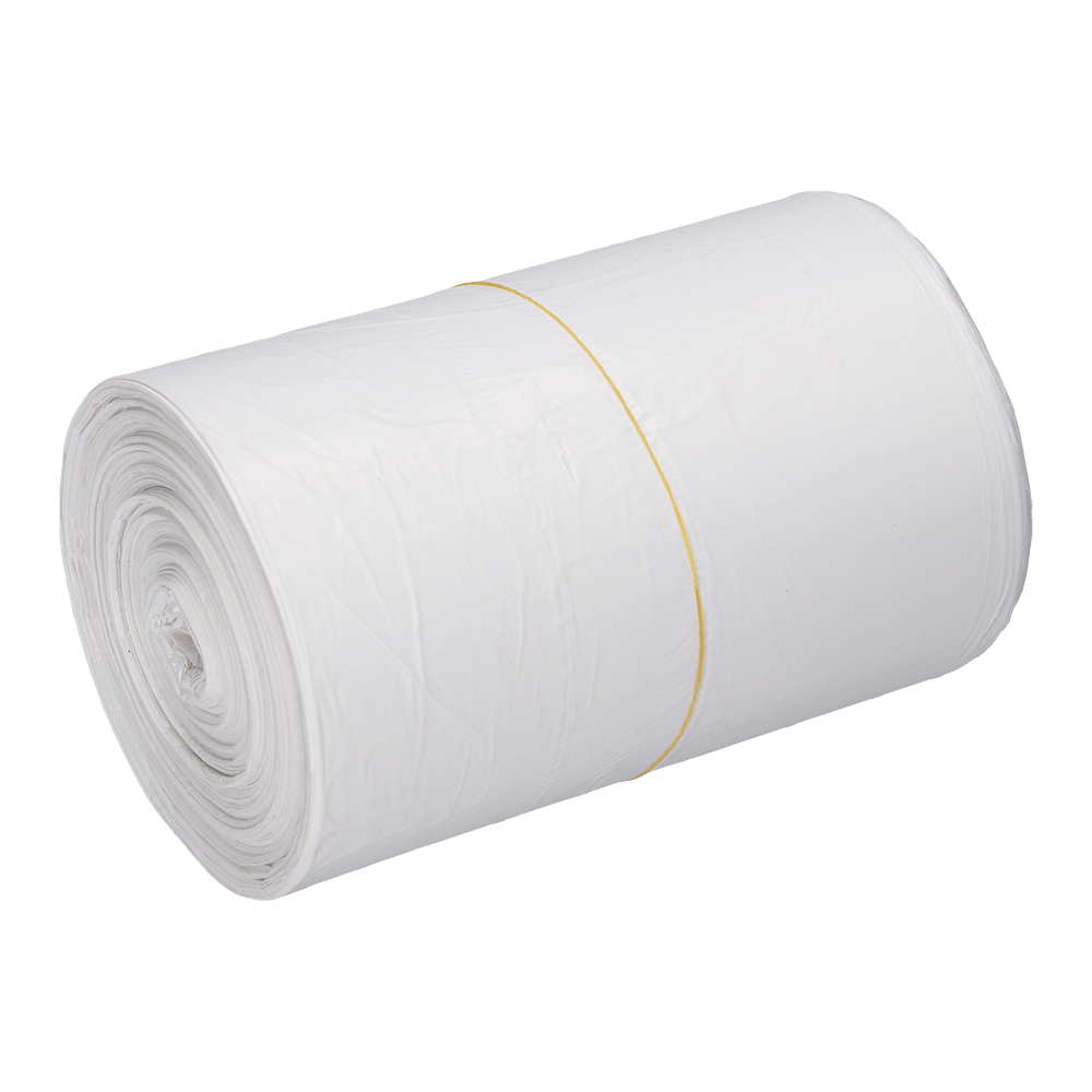 A roll of EMIL DEISS KG (GmbH + Co.) DEISS 56820 garbage bags (540x580x0.011 mm, white) is tightly wrapped and secured with a yellow rubber band on a white background - ideal for efficient waste disposal.