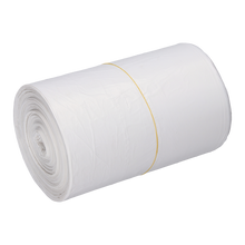 Eine Rolle EMIL DEISS KG (GmbH + Co.) DEISS 56820 Müllsäcke (540x580x0,011 mm, weiß) ist straff gewickelt und mit einem gelben Gummiband auf weißem Grund gesichert - ideal für eine effiziente Abfallentsorgung.