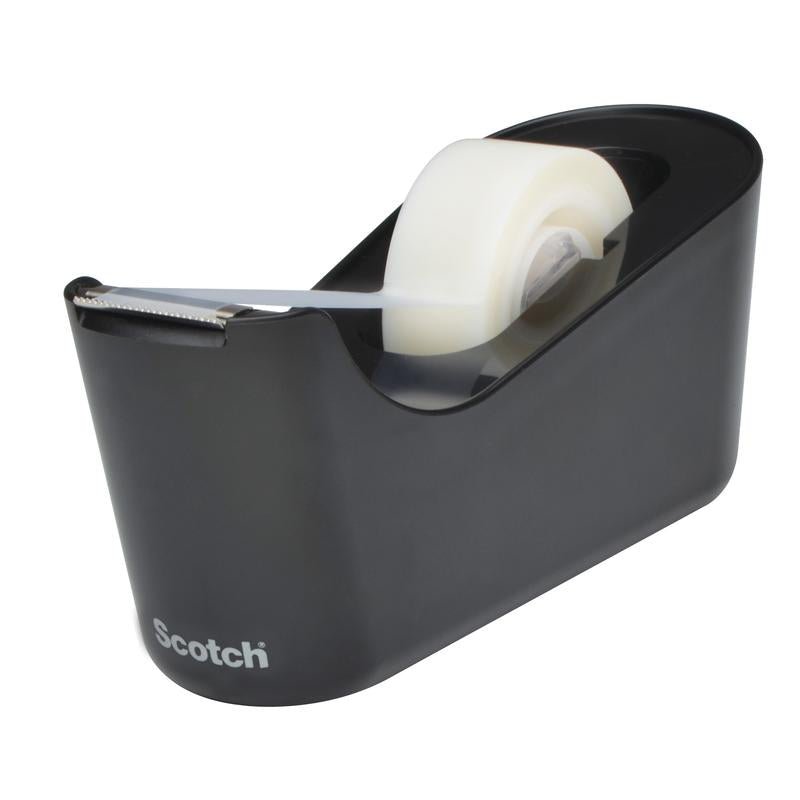 The Scotch™ Desktop Dispenser C18 in Black from 3M Deutschland GmbH holds a roll of Scotch® Magic™ Invisible Tape and offers practical convenience with a metal tear-off edge - an indispensable office accessory.