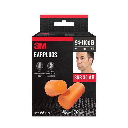 A box of 3M™ Earplugs 1100, soft foam, SNR value 35 dB, orange from 3M Deutschland GmbH shows an image of orange earplugs, a man's head in the upper right corner and text highlighting the technical specifications.