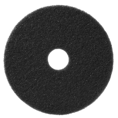 The TASKI Americo Pad Black, an aggressive scrubbing pad from Diversey Deutschland GmbH & Co. OHG, is characterized by a round black design with a coarse texture and central hole, ideal for demanding cleaning tasks. Pictured on a white background.