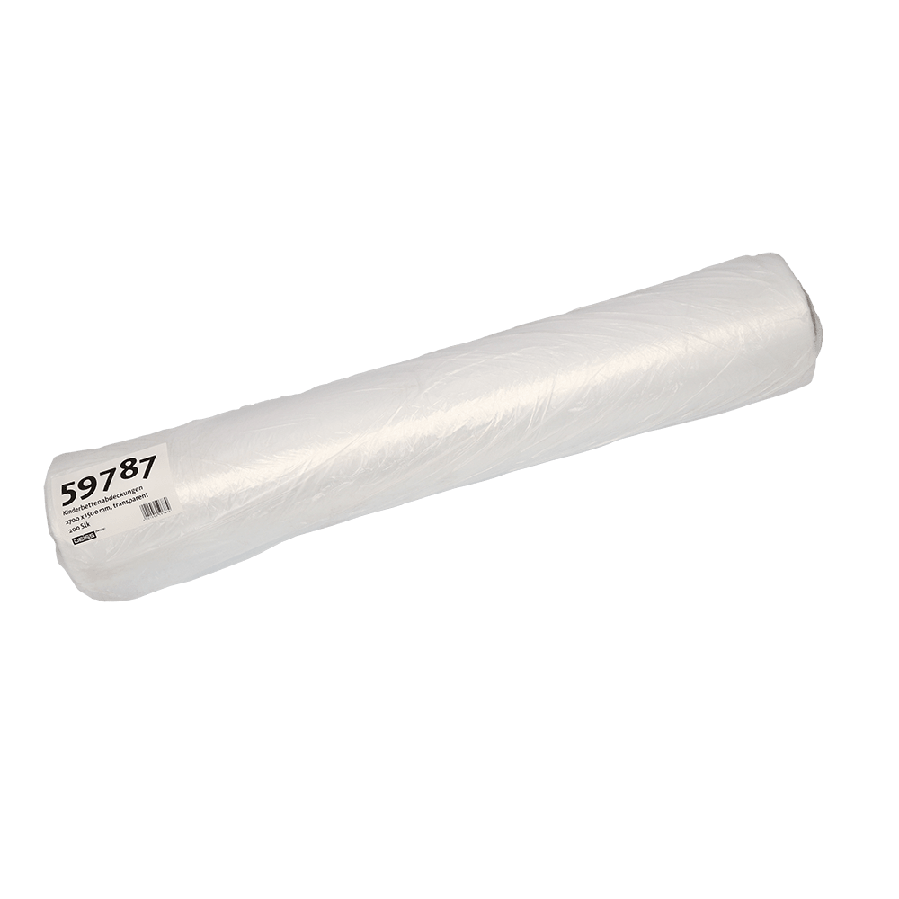 Pictured is a roll of EMIL DEISS KG (GmbH + Co.) DEISS 59787 children's bed covers, 2700x1500 mm transparent, pack (200 pieces), with a product label visible on one side, on a solid white background.