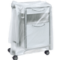 A white medical bedside table on wheels is partially covered with a transparent DEISS 59867 bedside table cover (600+500x1000x0.01 mm) from EMIL DEISS KG, which conceals the drawers and handles. The background is simple and neutral.