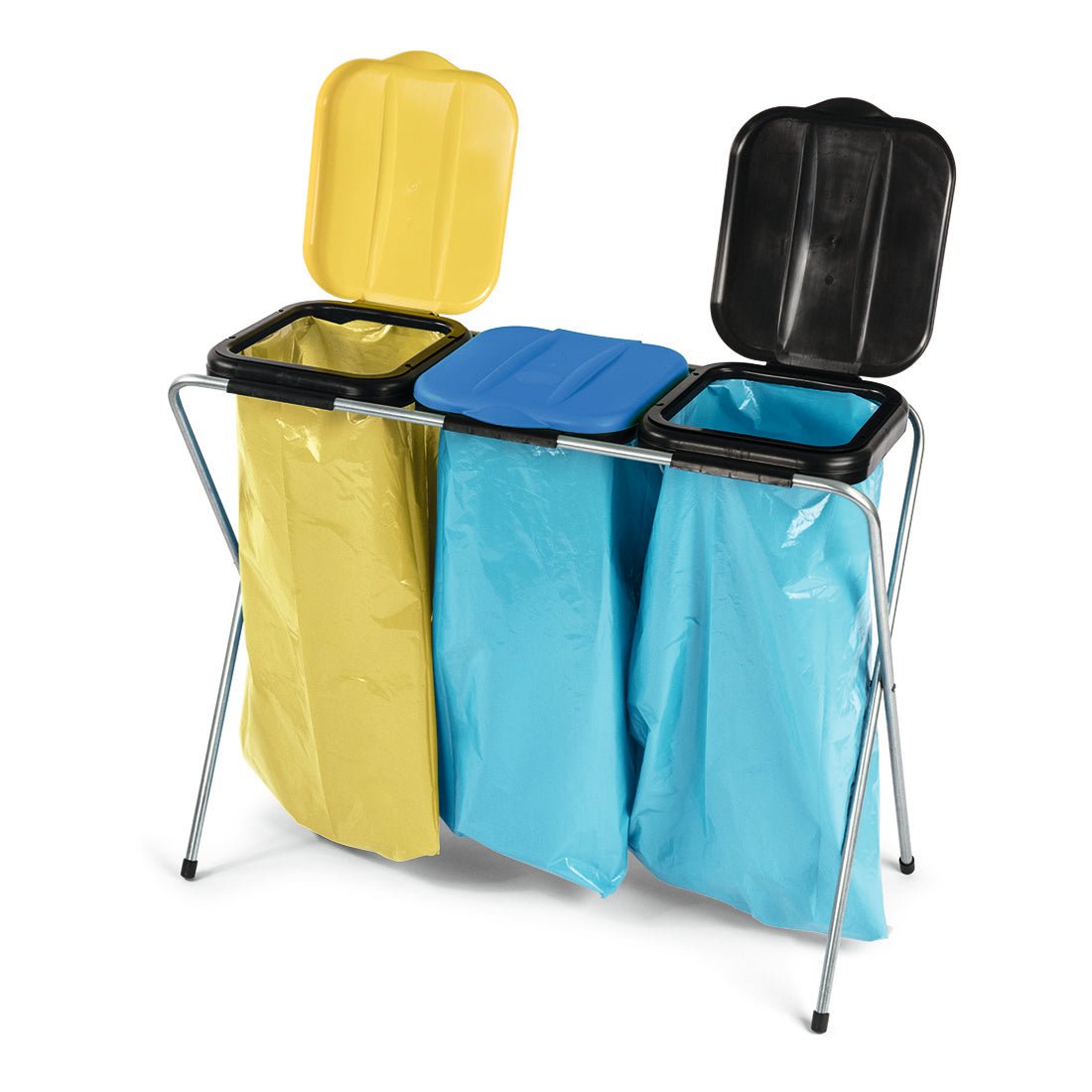 The Nölle Profi waste collector with 3-fold metal legs (96x37x78 cm) from Nölle Profi Brush Brush & Paint Technique e.K. features yellow, blue, and black lids; the yellow and black are open, the blue remains closed.