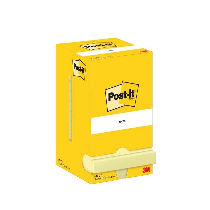 Pictured is a yellow box of Post-it® Notes (76 x 76 mm, 100 sheets/block, 12 blocks/pack) from 3M Deutschland GmbH with a dispenser slot. The cardboard packaging is 100% PEFC certified (SGSCH-PEFC-COC-110078).