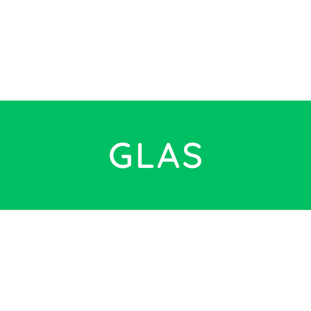 The Novocal colored recycling sticker large, with text: Glass (Green) shows "GLASS" in white capital letters on a bold green background - ideal as a glass waste sticker to support the separation of glass waste. The package contains 1 piece.