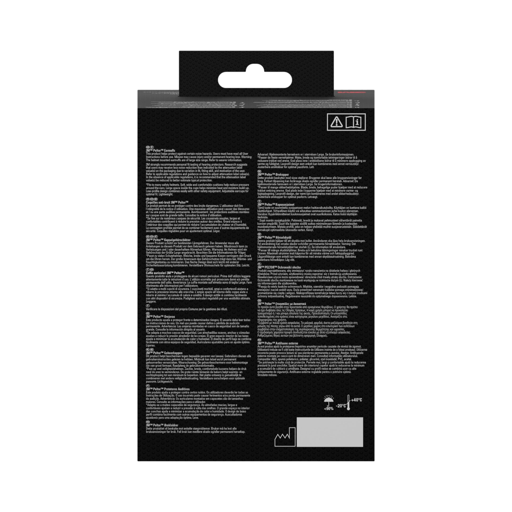 Rückansicht der schwarzen 3M™ PELTOR™ Optime™ I Kapselgehörschutz H510P3E Box (1 Stück) von 3M Deutschland GmbH, mit weißer mehrsprachiger Info, Warnhinweisen, Anweisungen, Symbolen und Barcode unten, Aufhängelasche oben. SNR-Wert 26 dB, Gelb.