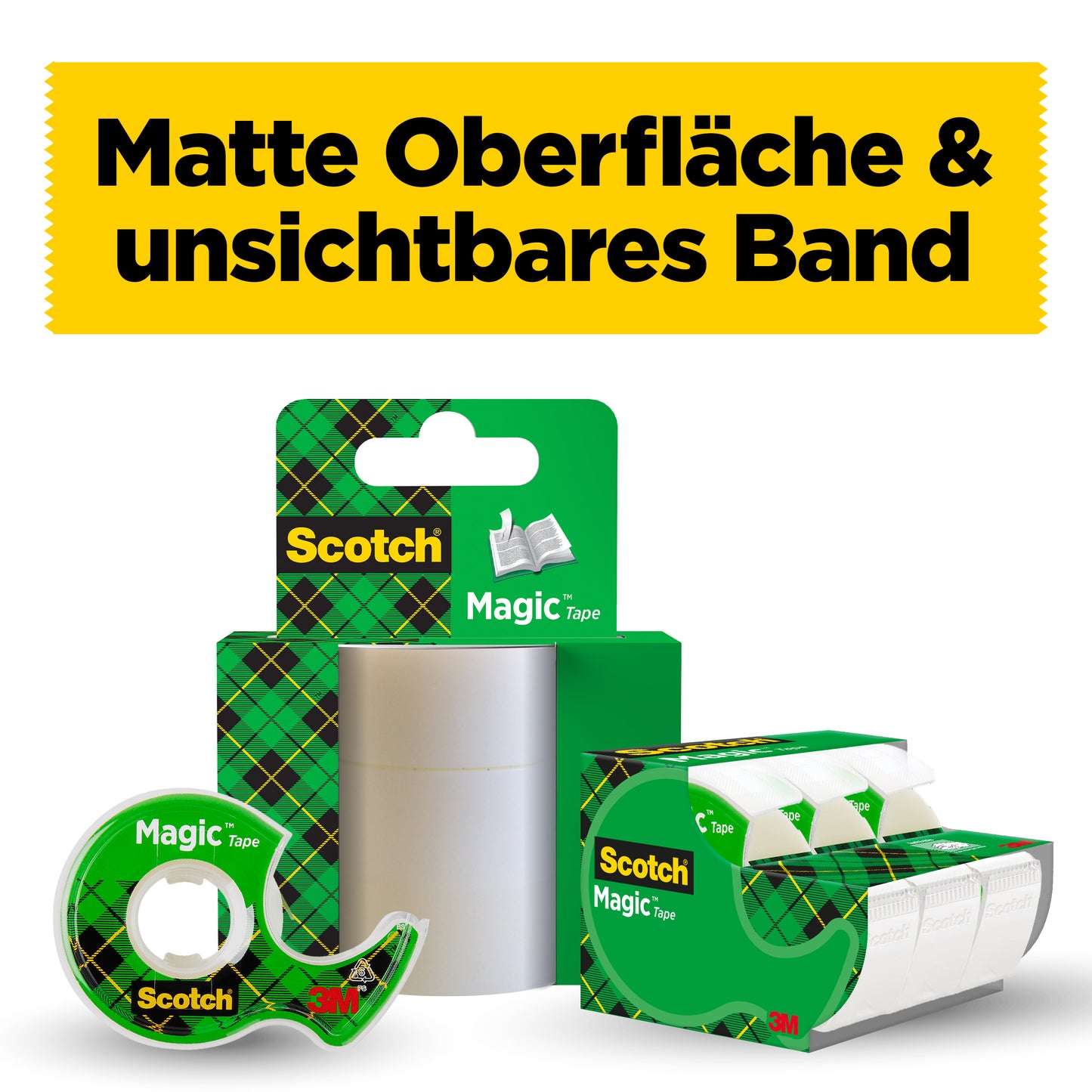 Pictured are three packs of Scotch® Magic™ Invisible Tape 8-1915R3/2 from 3M Deutschland GmbH: each offers 2 rolls plus 1 free roll (19 mm x 15 m), ideal for craft projects or office use. Above is the German text "Matte surface & invisible tape".