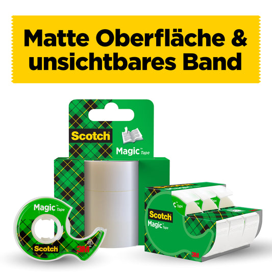 Ein Display mit Scotch® Magic™ Unsichtbares Klebeband der 3M Deutschland GmbH (2 Rollen, 19 mm x 7,5 m + 1 Handabroller GRATIS), mit einem gelben Banner mit der Aufschrift "Matte Oberfläche & unsichtbares Band.