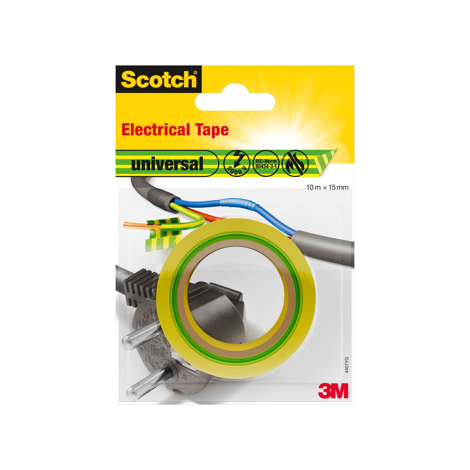 Eine Verpackung von Scotch® Isolierband universal (10 m x 15 mm) der 3M Deutschland GmbH, die eine Rolle gelb-grünes Klebeband mit Abbildungen von elektrischen Drähten und einem Stecker auf der Verpackung zeigt.