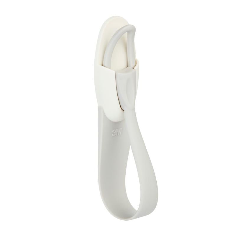 The Command™ Cable Holder 17304-FR from 3M Deutschland GmbH is a gray-white plastic wall hook with a self-adhesive back and a curved design, perfect for avoiding cable clutter. The "3M" logo is located on the lower part.