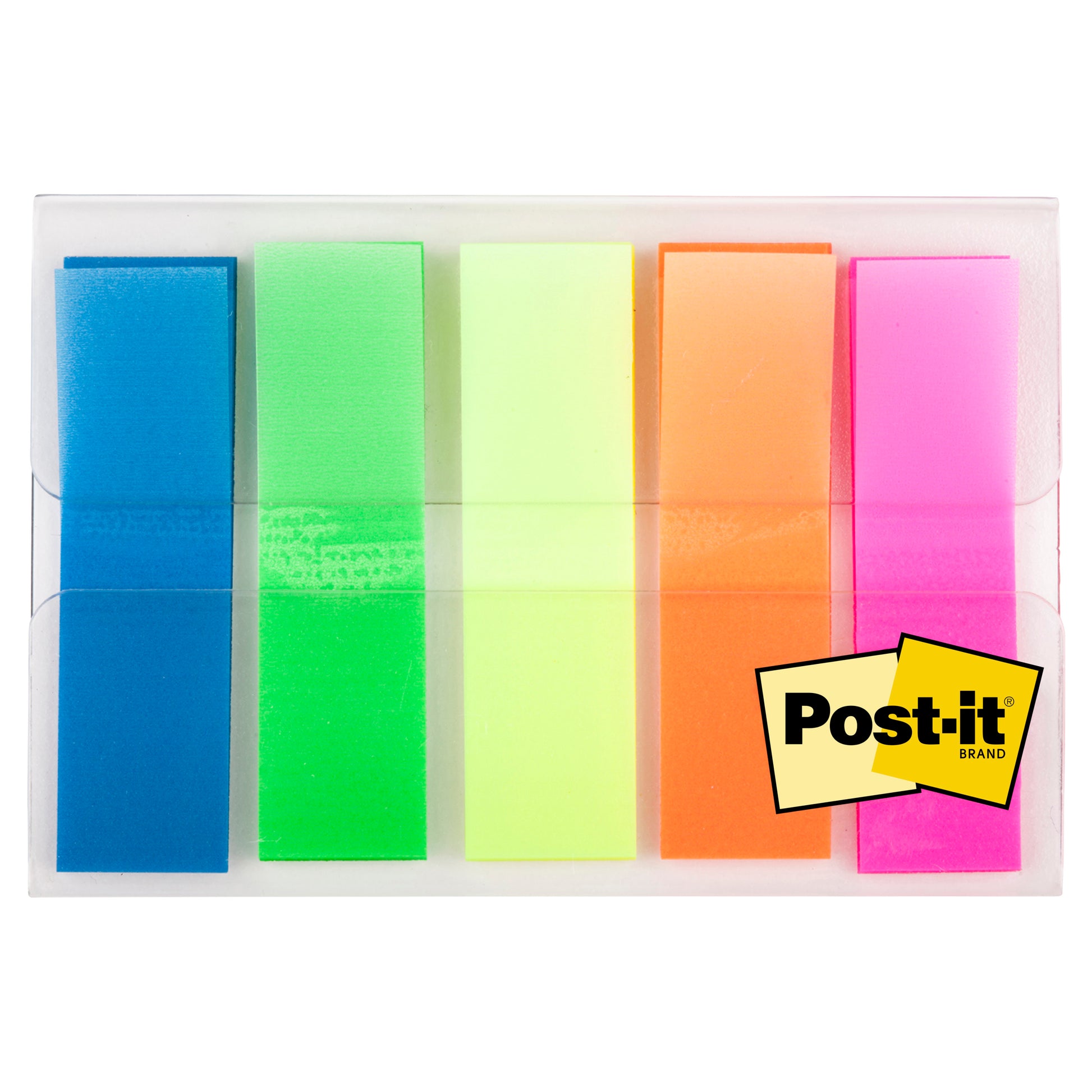 Ein durchsichtiger Kunststoffkoffer enthält 100 Post-it® Index Haftstreifen Mini (11,9 x 43,2 mm) in den Farben blau, grün, gelb, orange und pink der 3M Deutschland GmbH. Das Post-it Markenlogo befindet sich in der unteren rechten Ecke des Spenders.